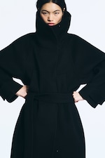 Noir - Manteau long en laine à col cheminée - 4