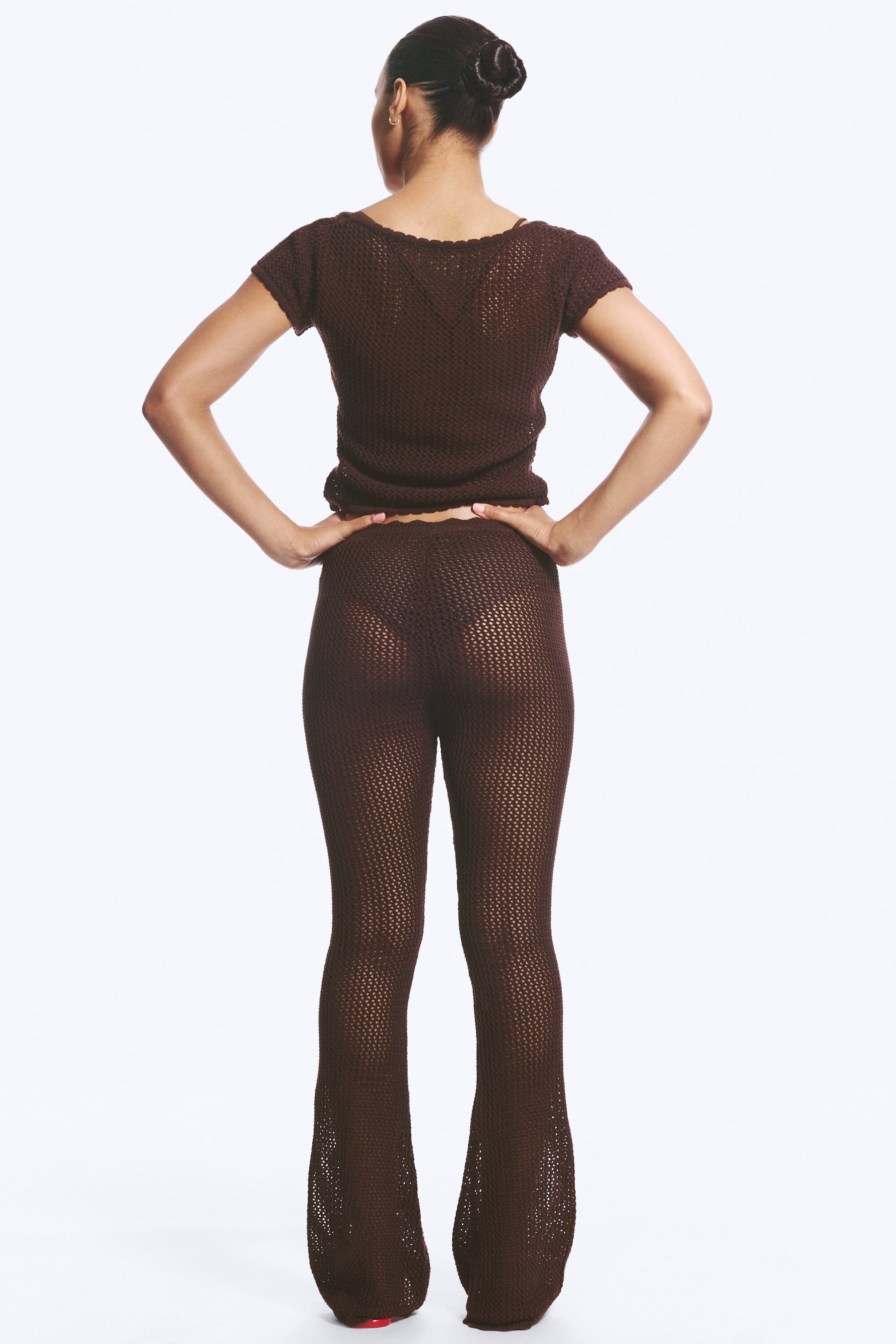 Dark Brown - Flared Crochet Trousers - 3