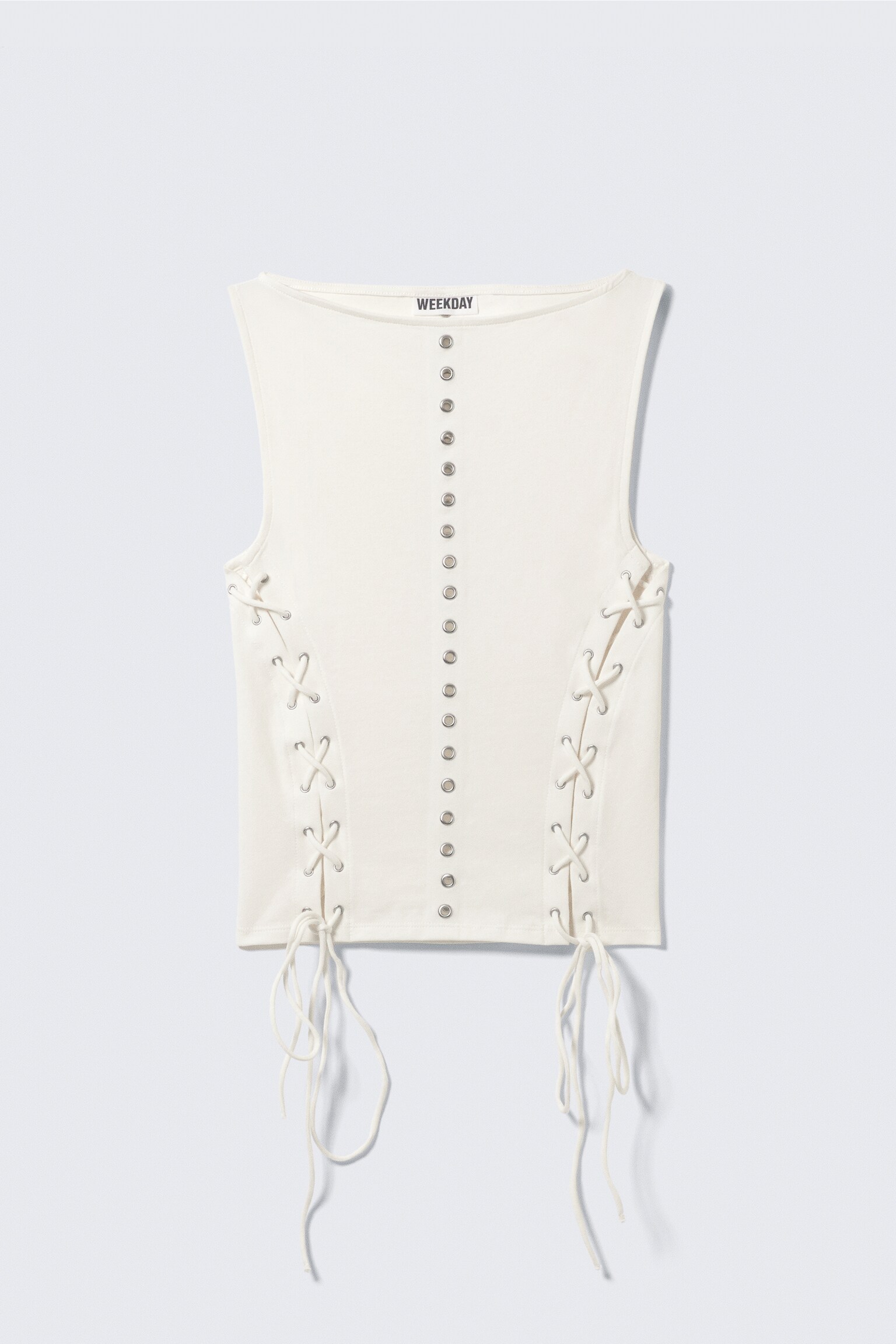 Sleeveless Lacing Boat-Neck Eyelet Top - White