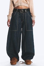 Blue Rinse - Dark Blue - Dunno Unisex Low Rise Loose Barrel Jeans - 2