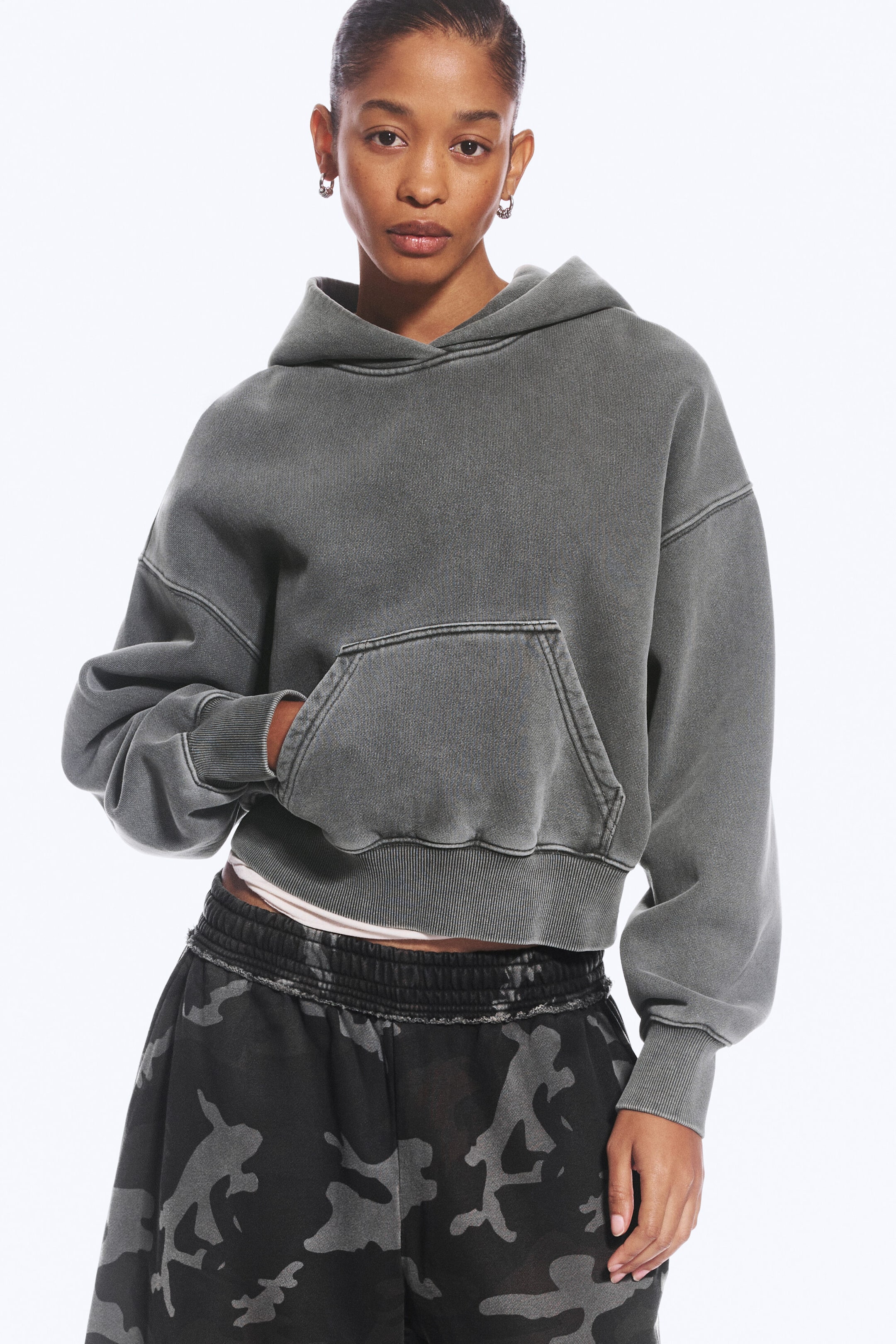 Gewaschenes Dunkelgrau - Boxy Hoodie aus Baumwollfleece - 3