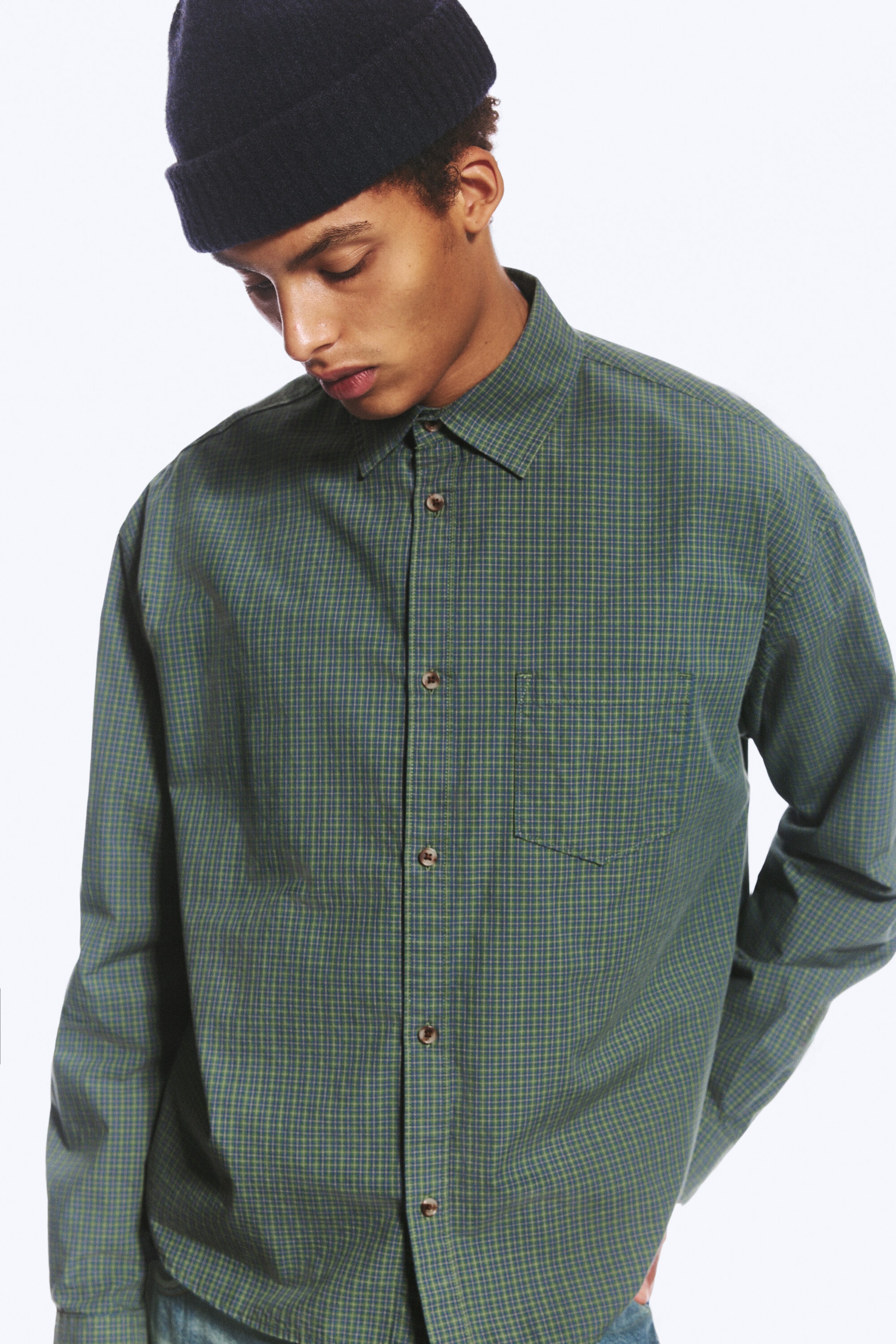 Checked Green - Boxy Long-Sleeved Cotton Poplin Shirt - 7