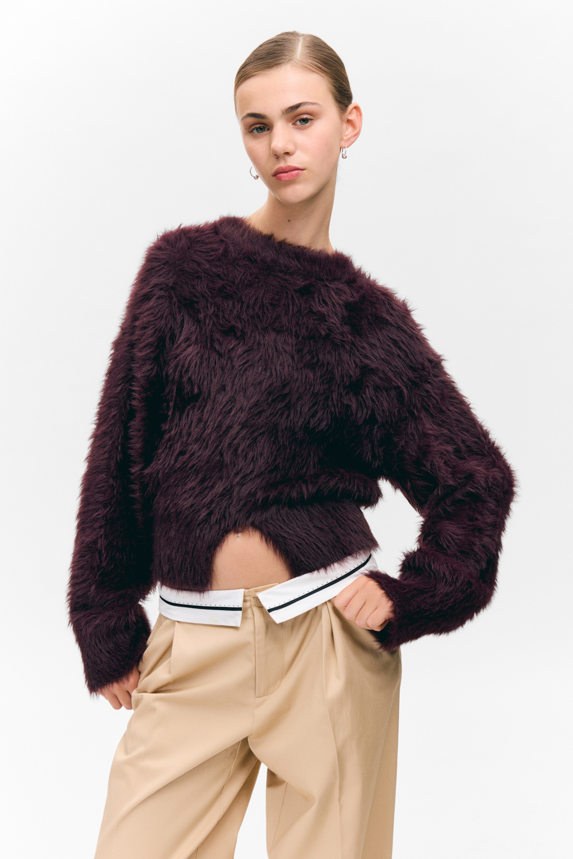 Fluffy Knitted Sweater - Mörk plommon/Vit