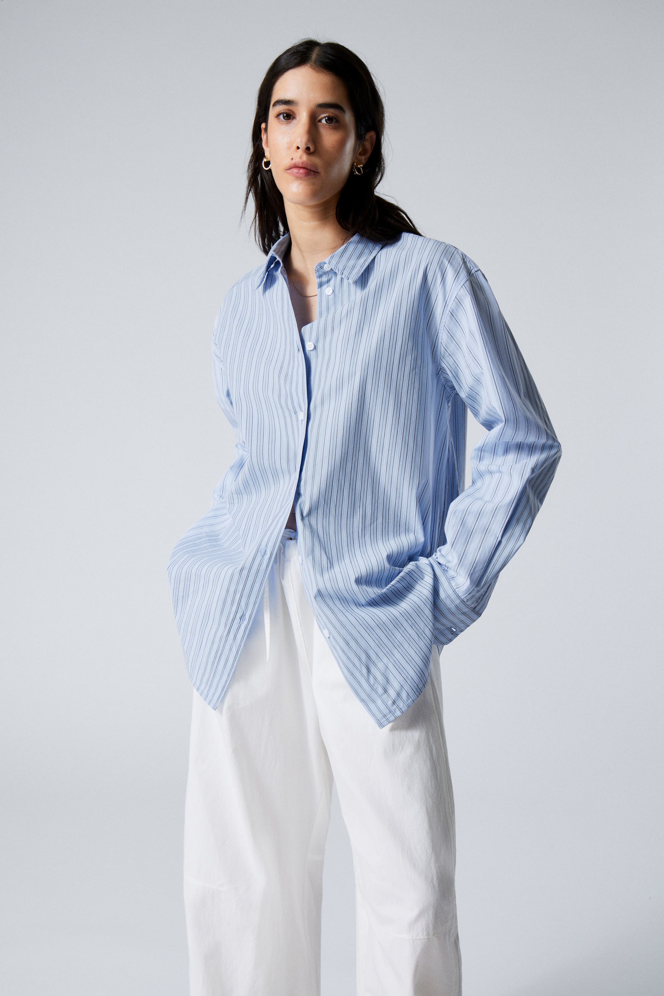 Striped Light Blue - Long-Sleeved Poplin Cotton Shirt - 2