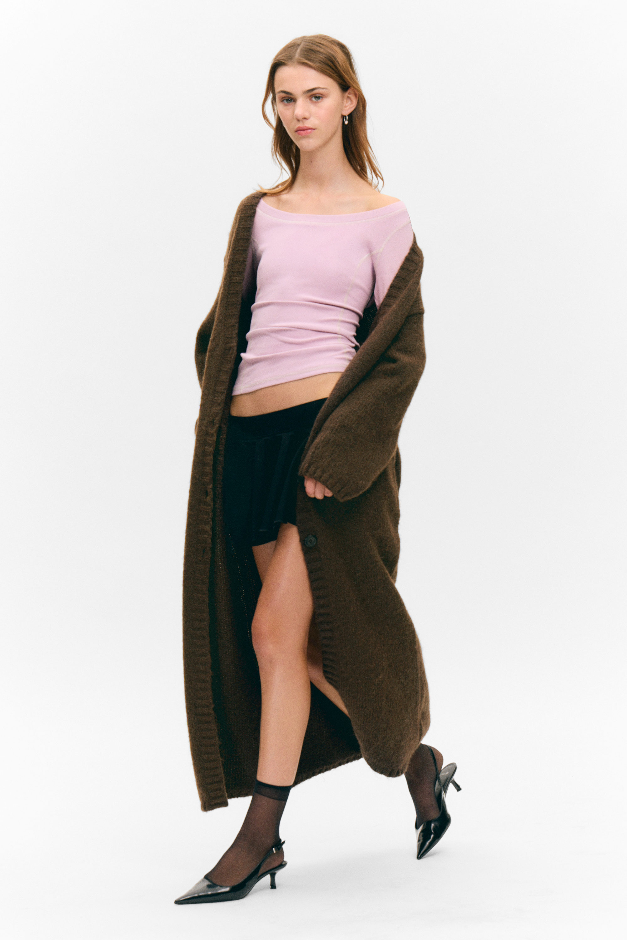 Dark Brown - Long Knit V-Neck Cardigan - 2