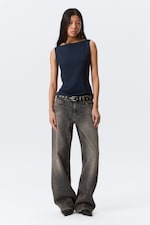 Dark Blue - Annie Soft Sleeveless Boat-Neck Top - 1