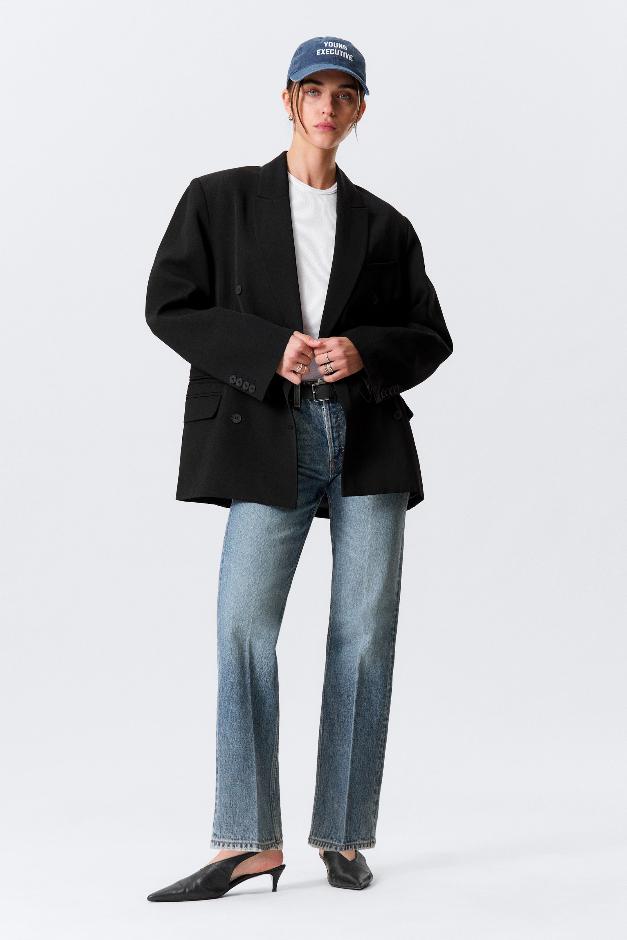 Black - Loose Fit Double-Breasted Linen-Blend Blazer - 1