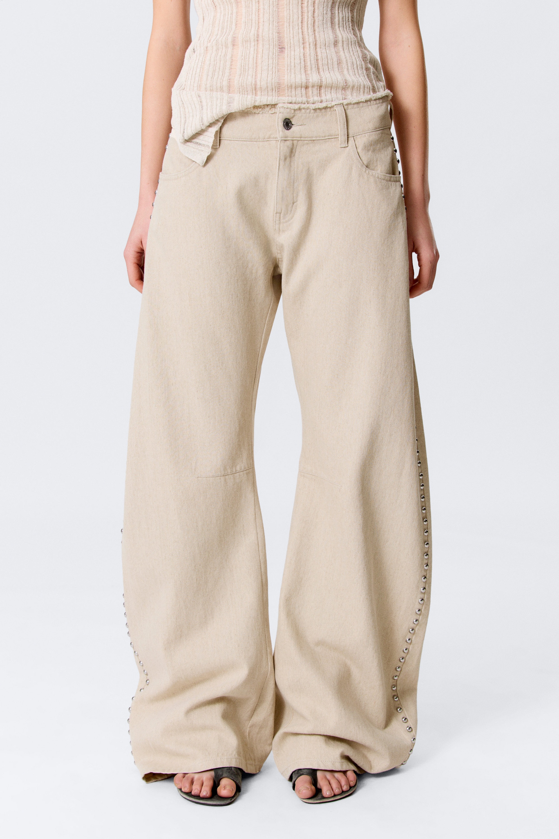 Beige - Low Rise Loose Studded Balloon Trousers - 4