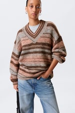 Brown & Orange Stripe - Oversized Knitted V-neck Sweater - 0