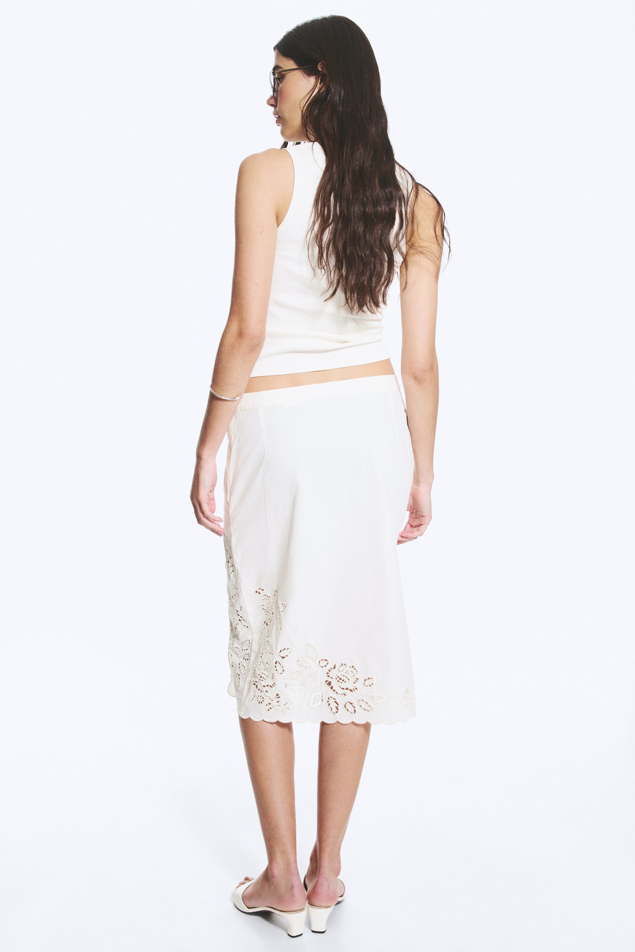 White - Embroidered Knee Length Cotton Skirt - 3