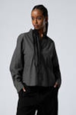 Checked Black - Relaxed Cropped Long-Sleeved Cotton Shirt - 2