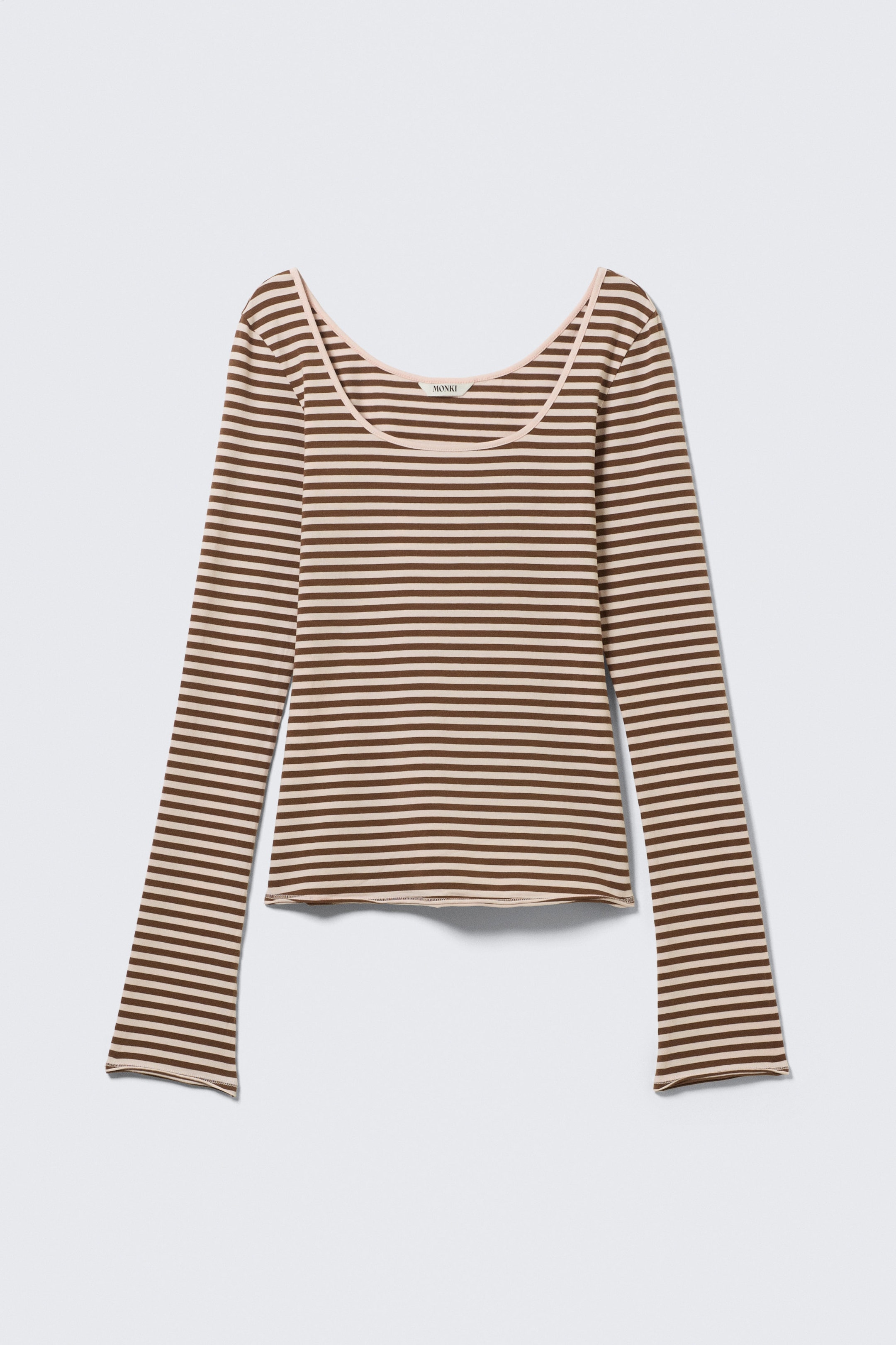Light Pink/Brown Stripe - Long-Sleeved Slim Fit Scoop Neck Top - 4