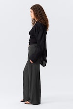 Dark Grey - Crinkle Low Waist Loose Fit Trousers - 2