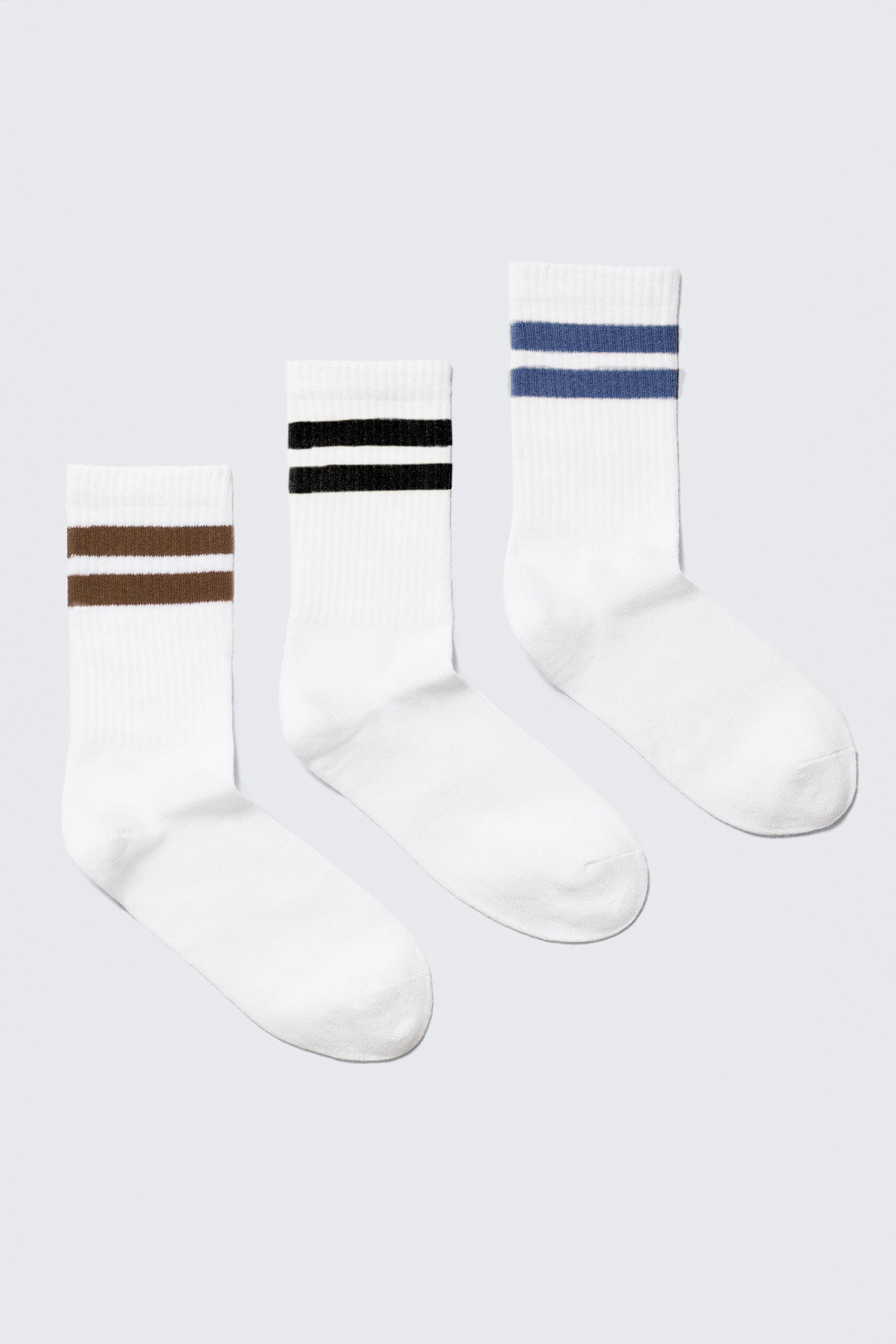 White - Brown/Black/Blue - 3-pack Striped Crew Socks