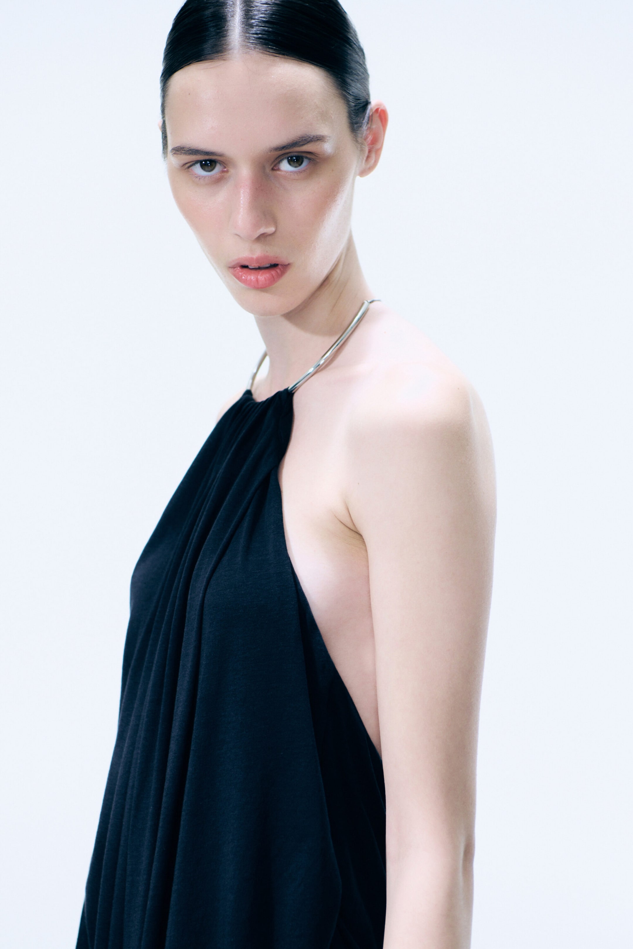 Black - Gathered Halter Dress - 2