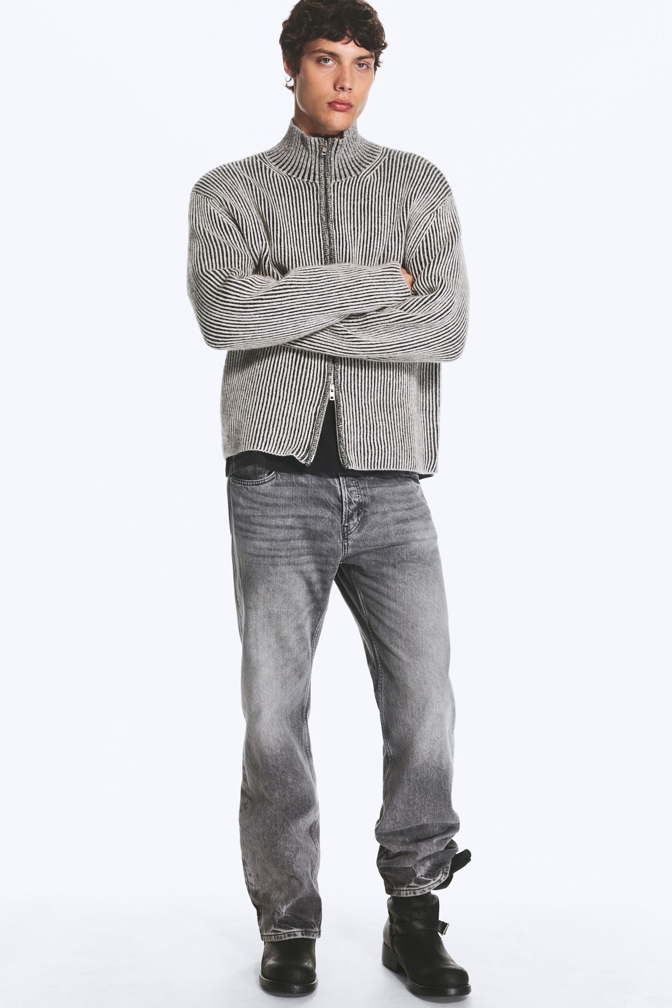 White/Black - Relaxed wool-blend cardigan - 2