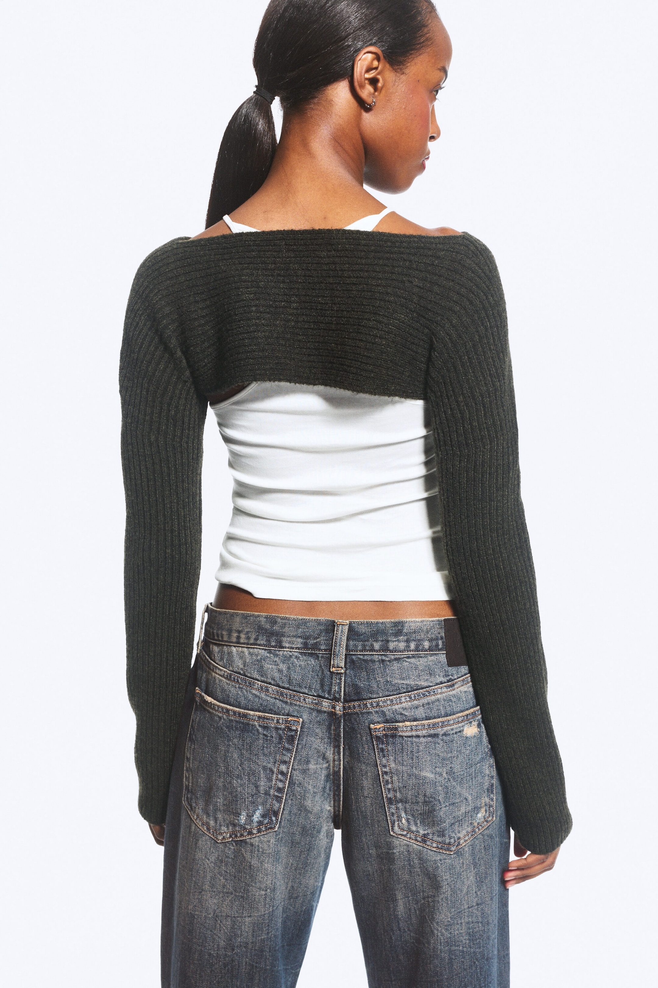 Dark Green Melange - Rib-Knit Boat-Neck Bolero Cardigan - 3