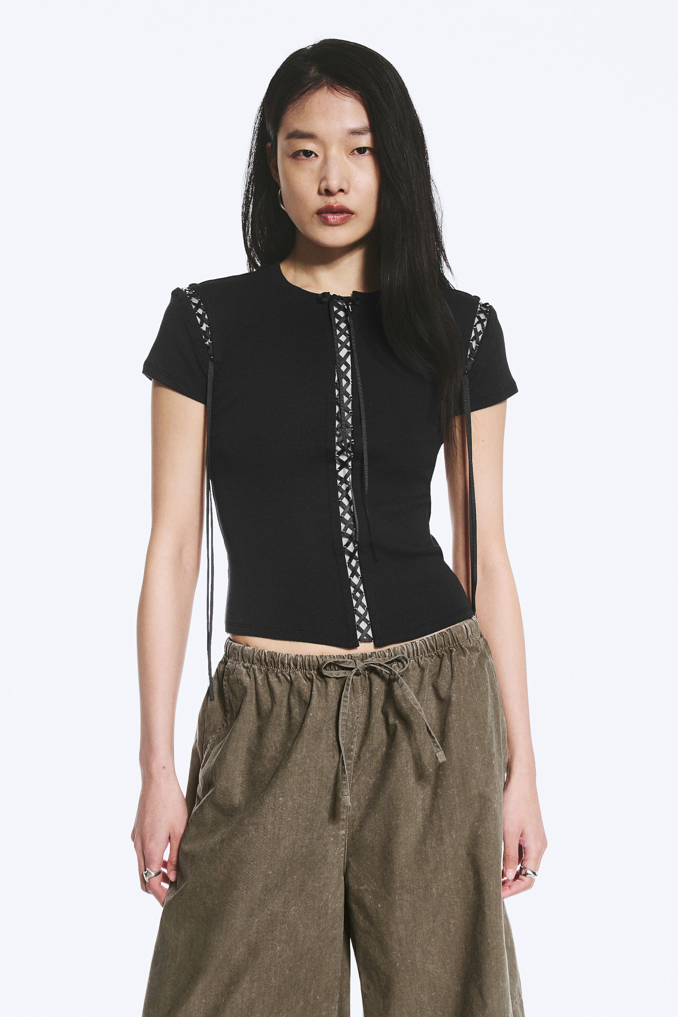 Noir - T-shirt côtelé à liens croisés - 1