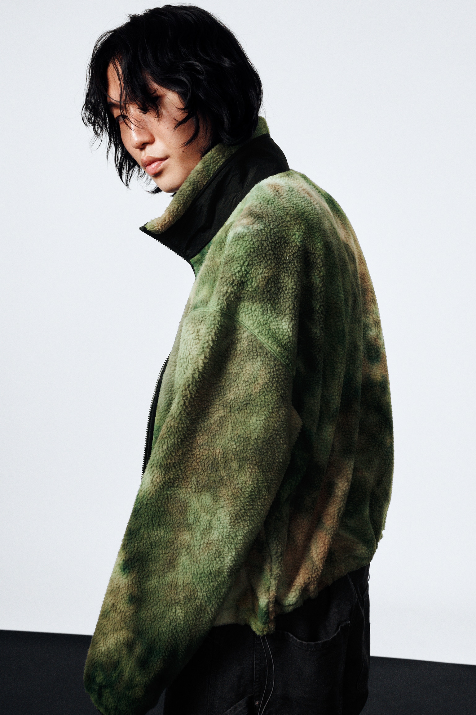 Loose Fit Zip Fleece Jacket - Marbled Green/Black - 4