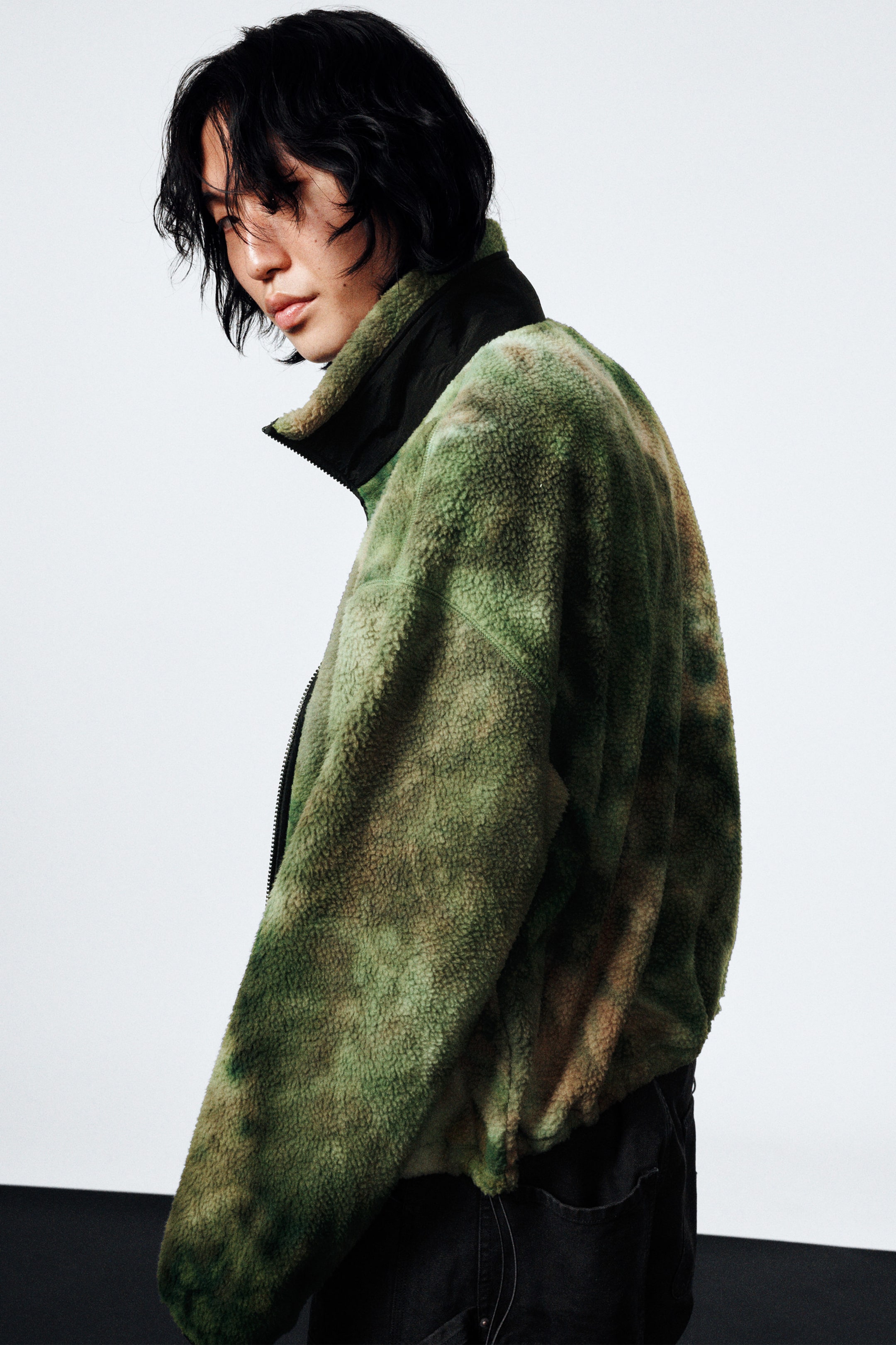 Grün marmoriert - Locker geschnittene Fleecejacke mit Reißverschluss - 3