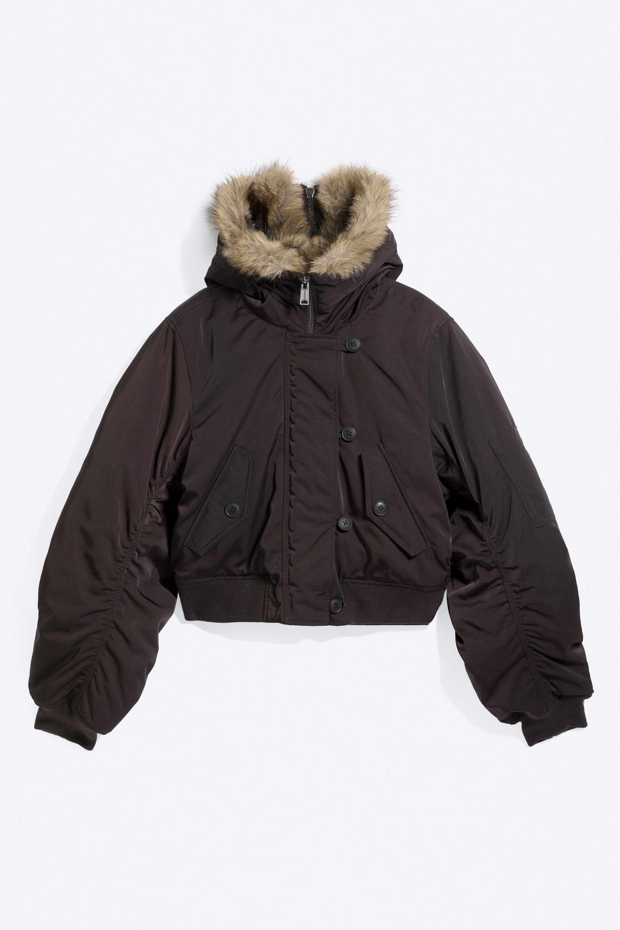 Bomber court à capuche doublée de fausse fourrure - Marron foncé/Gris foncé
