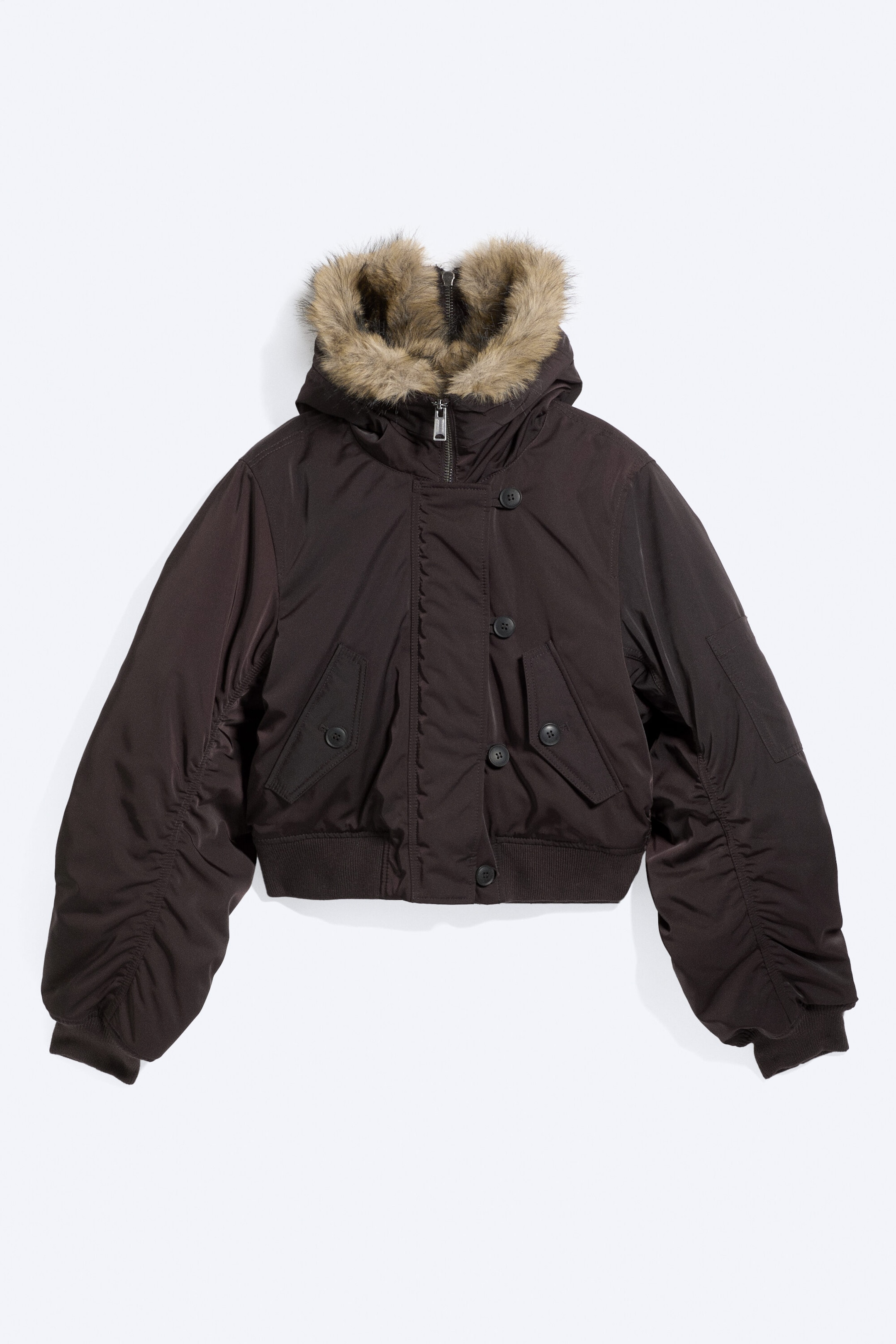 Dunkelbraun - Cropped Bomberjacke mit Kunstfellkapuze - 5