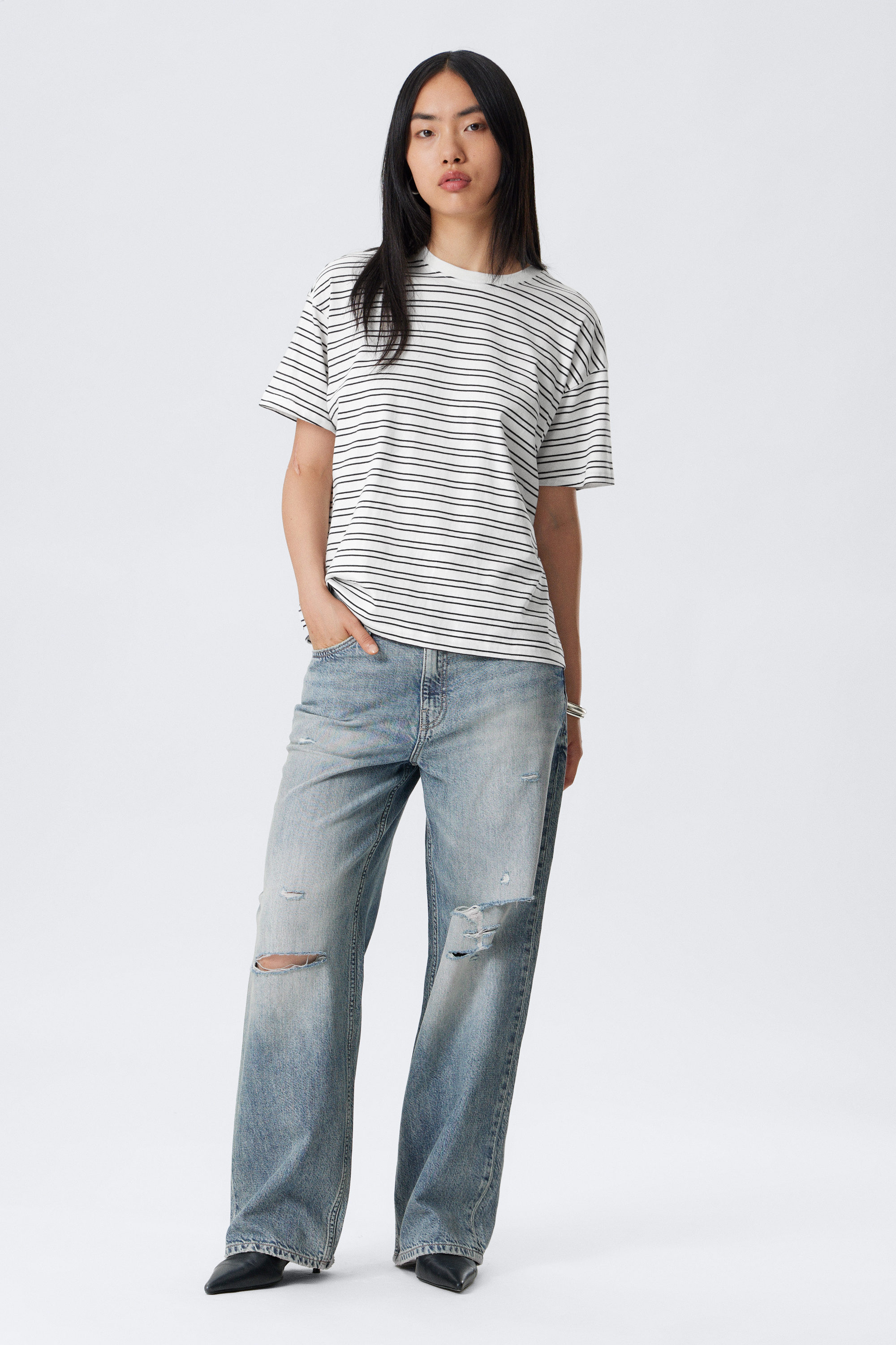 Striped White - Relaxed Boxy Cotton T-shirt - 2
