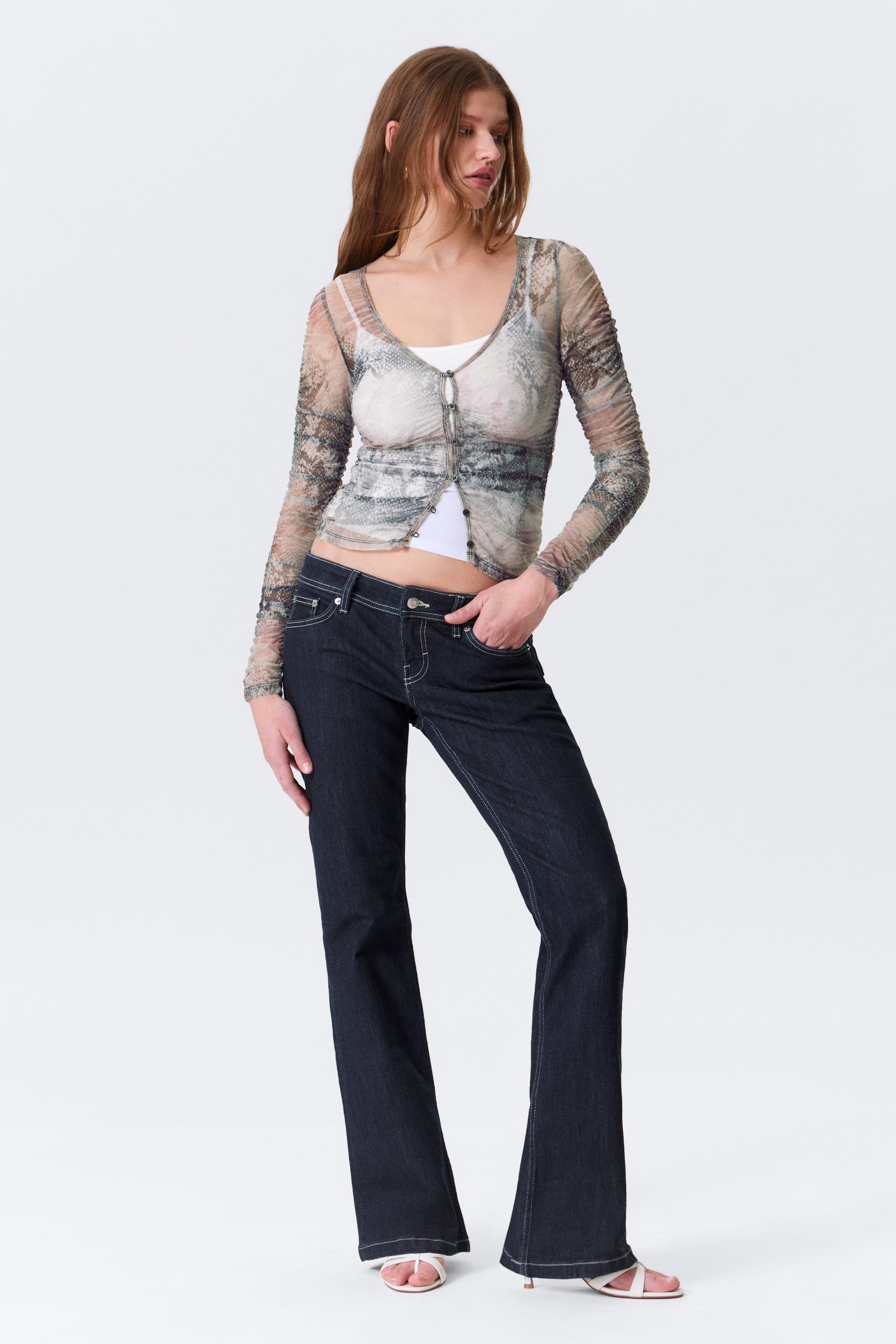 Beige/Grey - Snakeskin Print - Slim Gathered Long-Sleeved Mesh Cardigan - 2