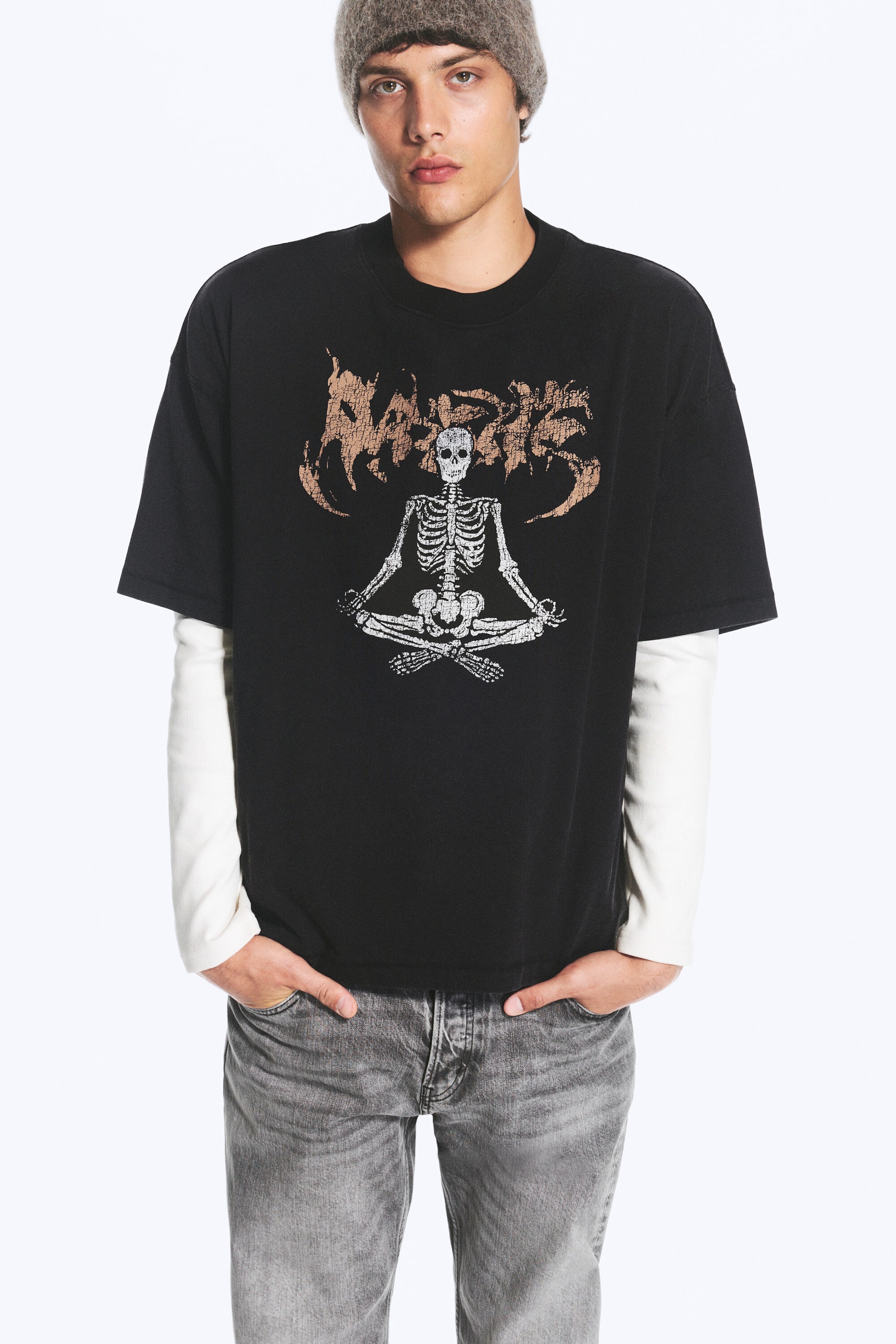 Black - Printed - Oversized Boxy Graphic T-Shirt - 0