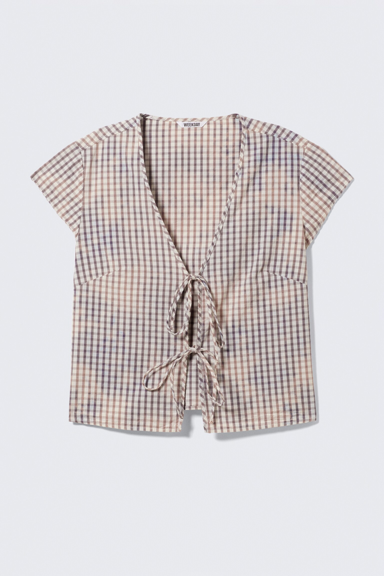 Tie-Front V-neck Cotton Blouse - Checked Blue - Bleach Effect/Striped Grey