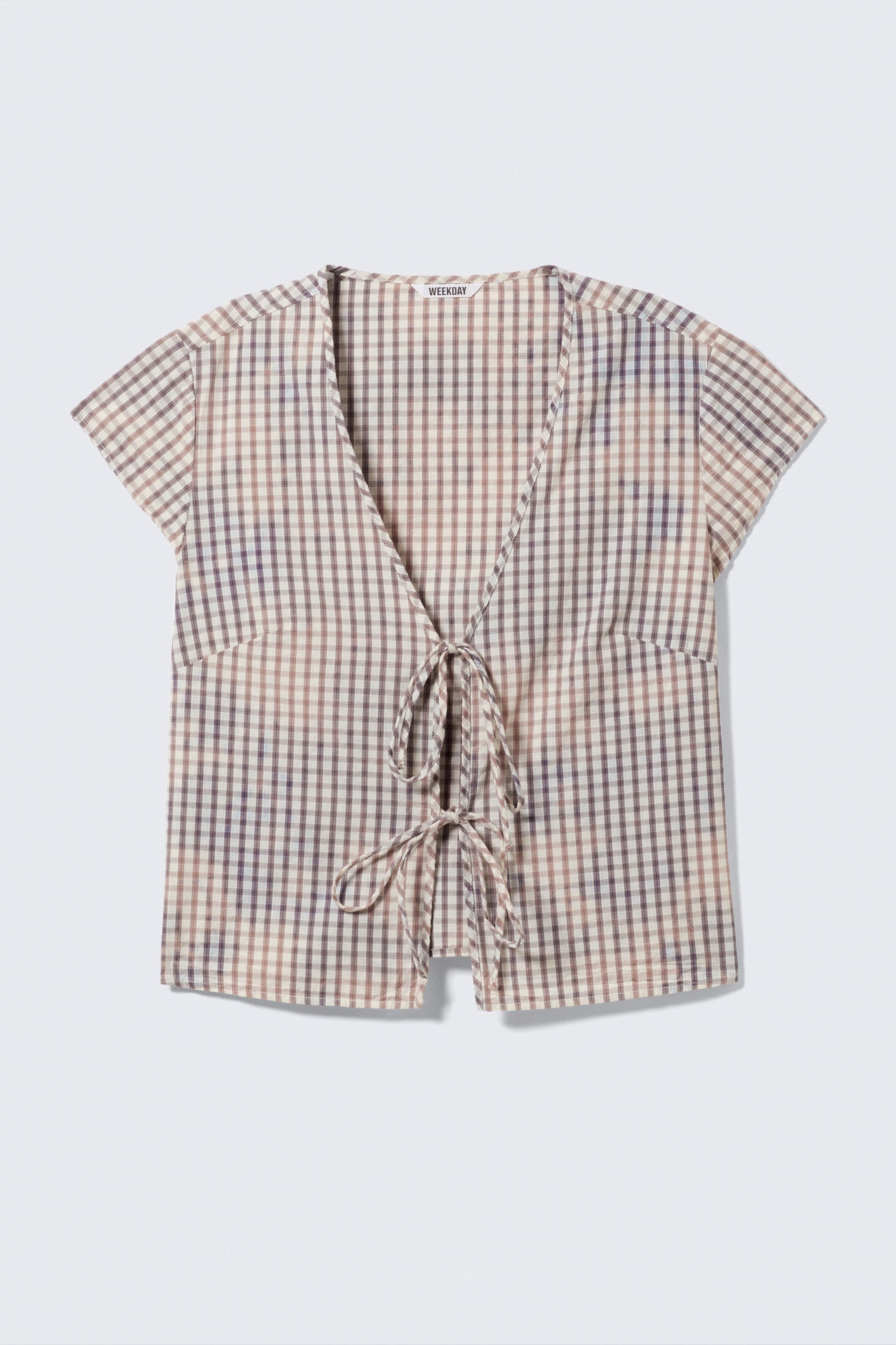 Checked Blue - Bleach Effect - Tie-Front V-neck Cotton Blouse - 4