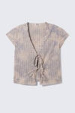 Checked Blue - Bleach Effect - Tie-Front V-neck Cotton Blouse - 4