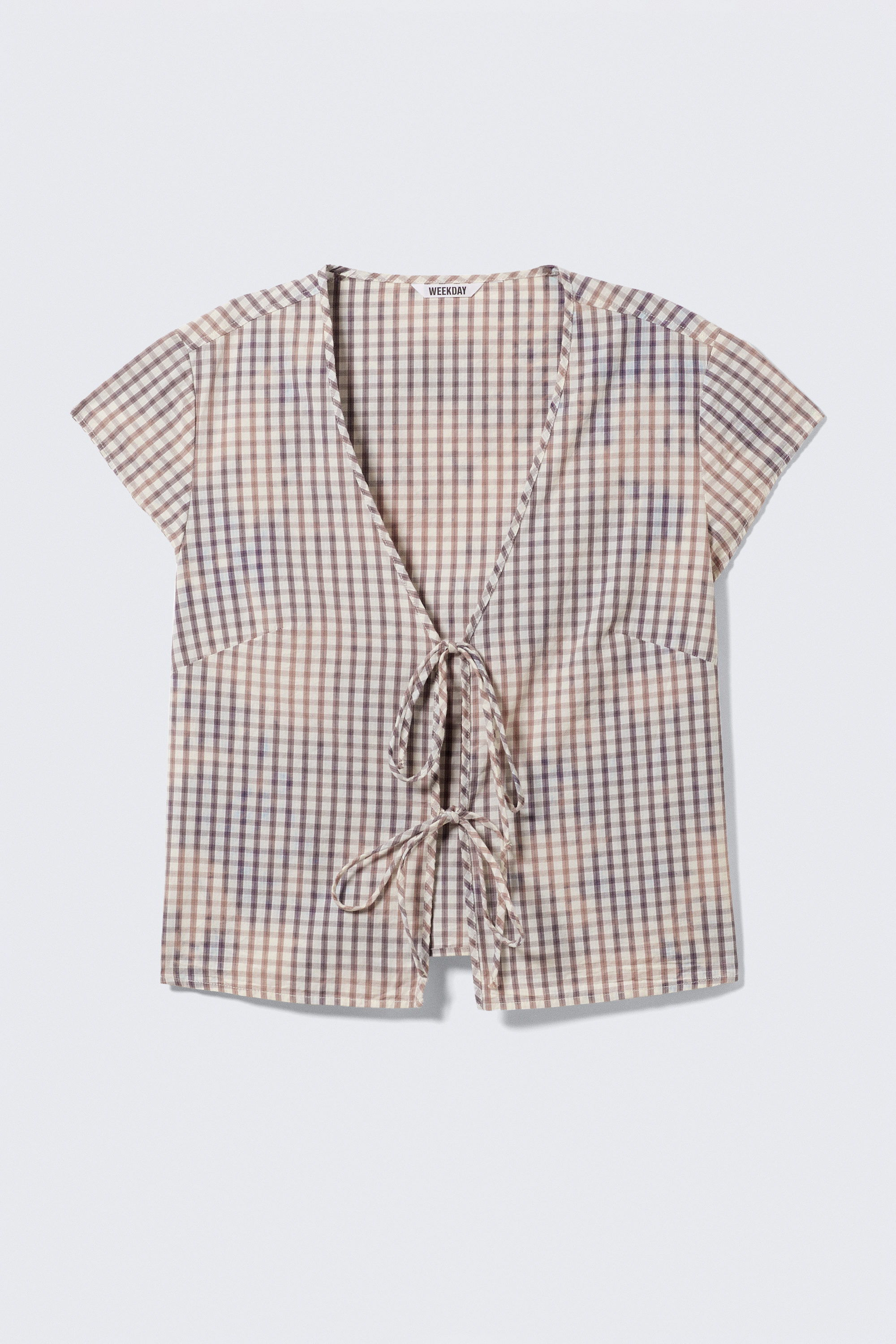 Checked Blue - Bleach Effect - Tie-Front V-neck Cotton Blouse - 1