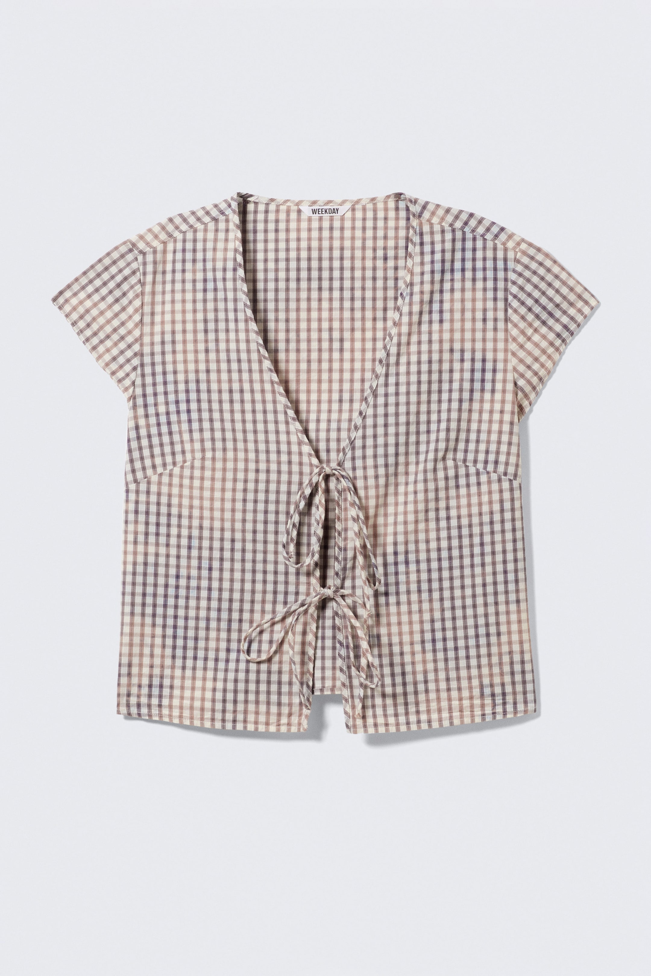 Checked Blue - Bleach Effect - Tie-Front V-neck Cotton Blouse - 1