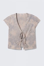 Checked Blue - Bleach Effect - Tie-Front V-neck Cotton Blouse - 0