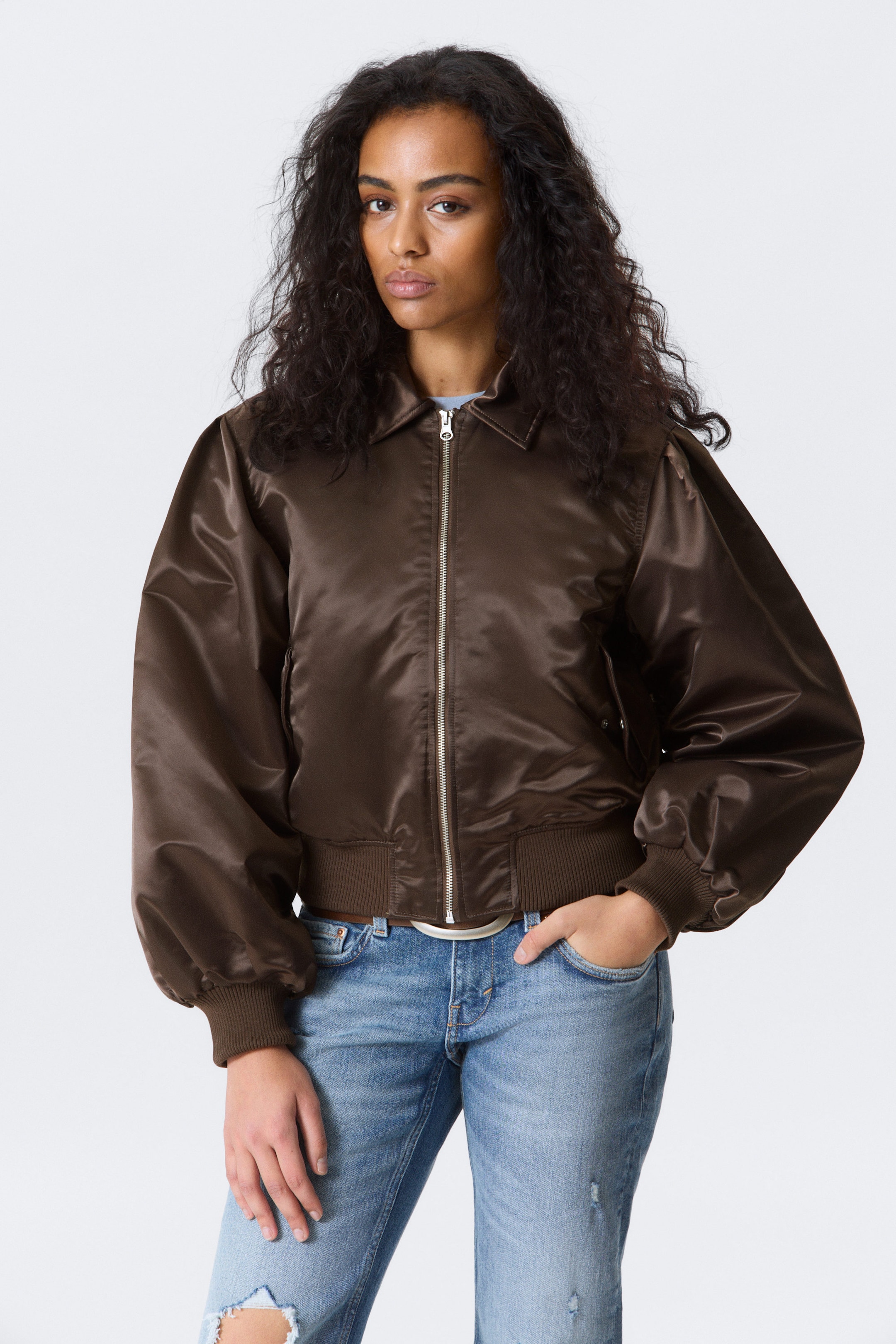 Dark Brown - YULIA B LOOSE NYLON BOMBER JACKET - 2