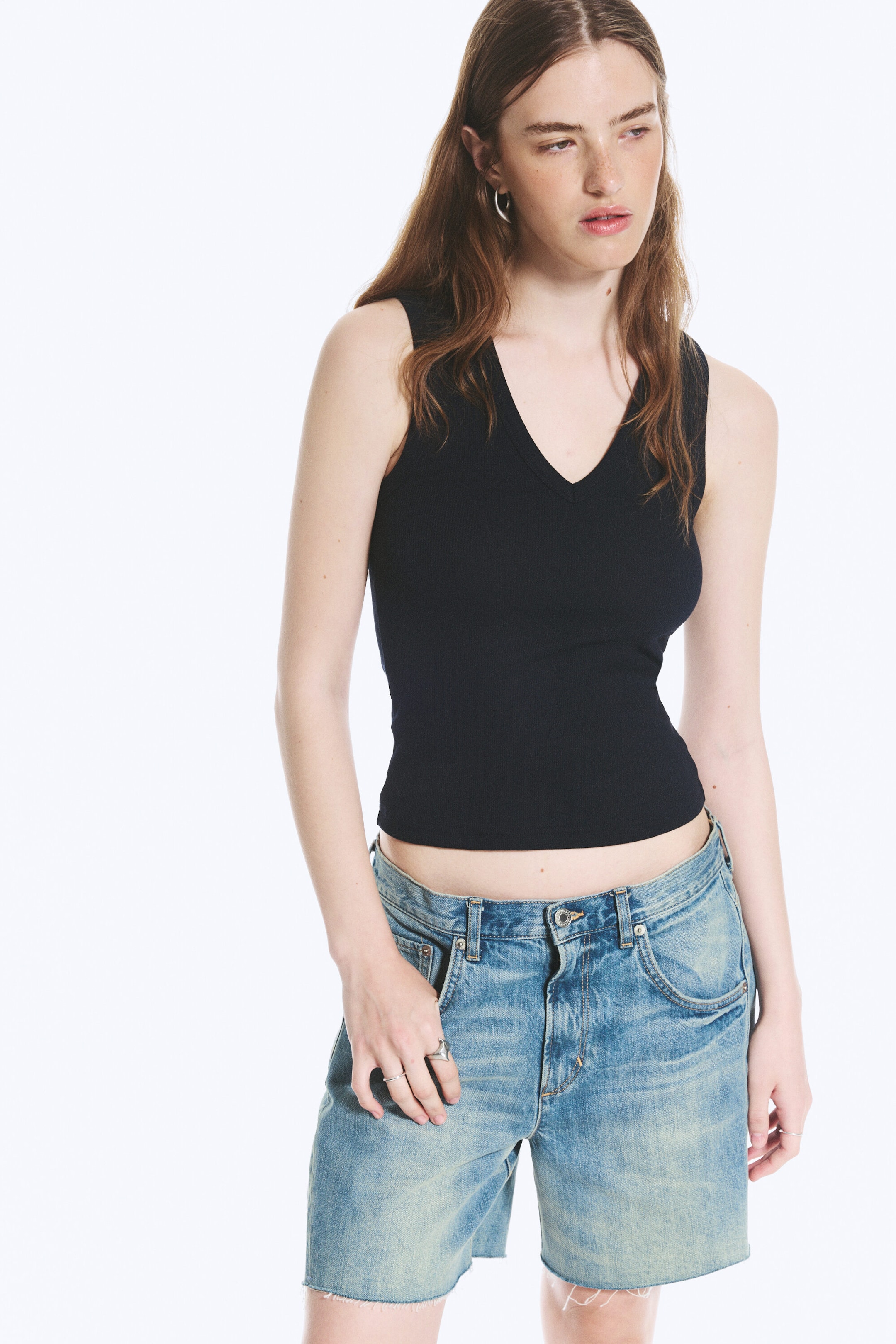 Dark Blue - Ribbed V-neck Tank Top - 1
