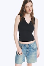 Dark Blue - Ribbed V-neck Tank Top - 1