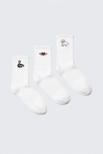 White Embroidered Mix - 3-pack Embroidered Crew Socks - 0