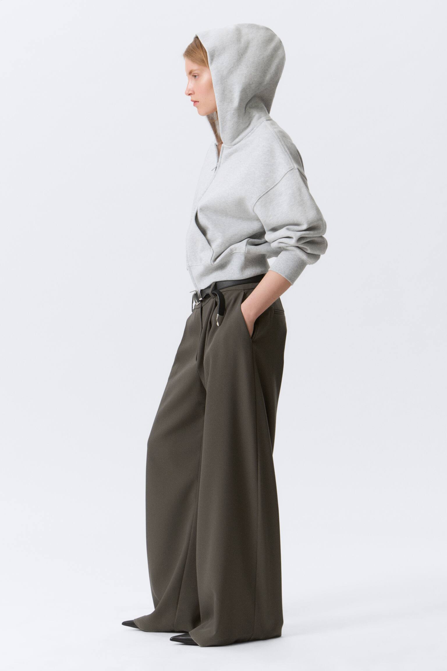 Pantaloni wide in tessuto per abiti a vita bassa - Grigio scuro/Grigio mélange a righe/Nero - 4