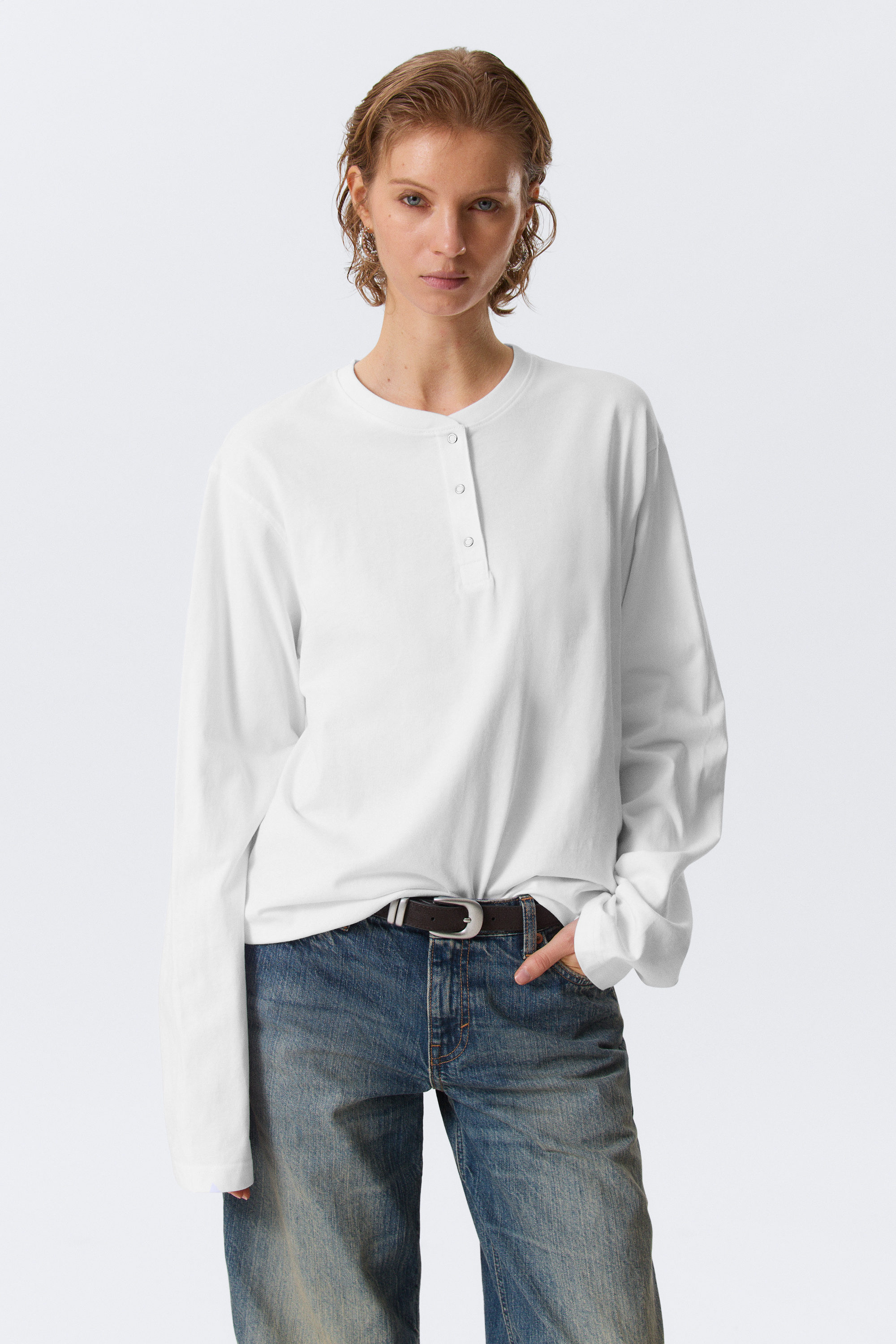 White - Boxig långärmad henley-t-shirt - 1