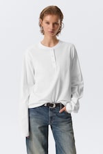 White - Boxy Long-Sleeved Henley T-shirt - 0