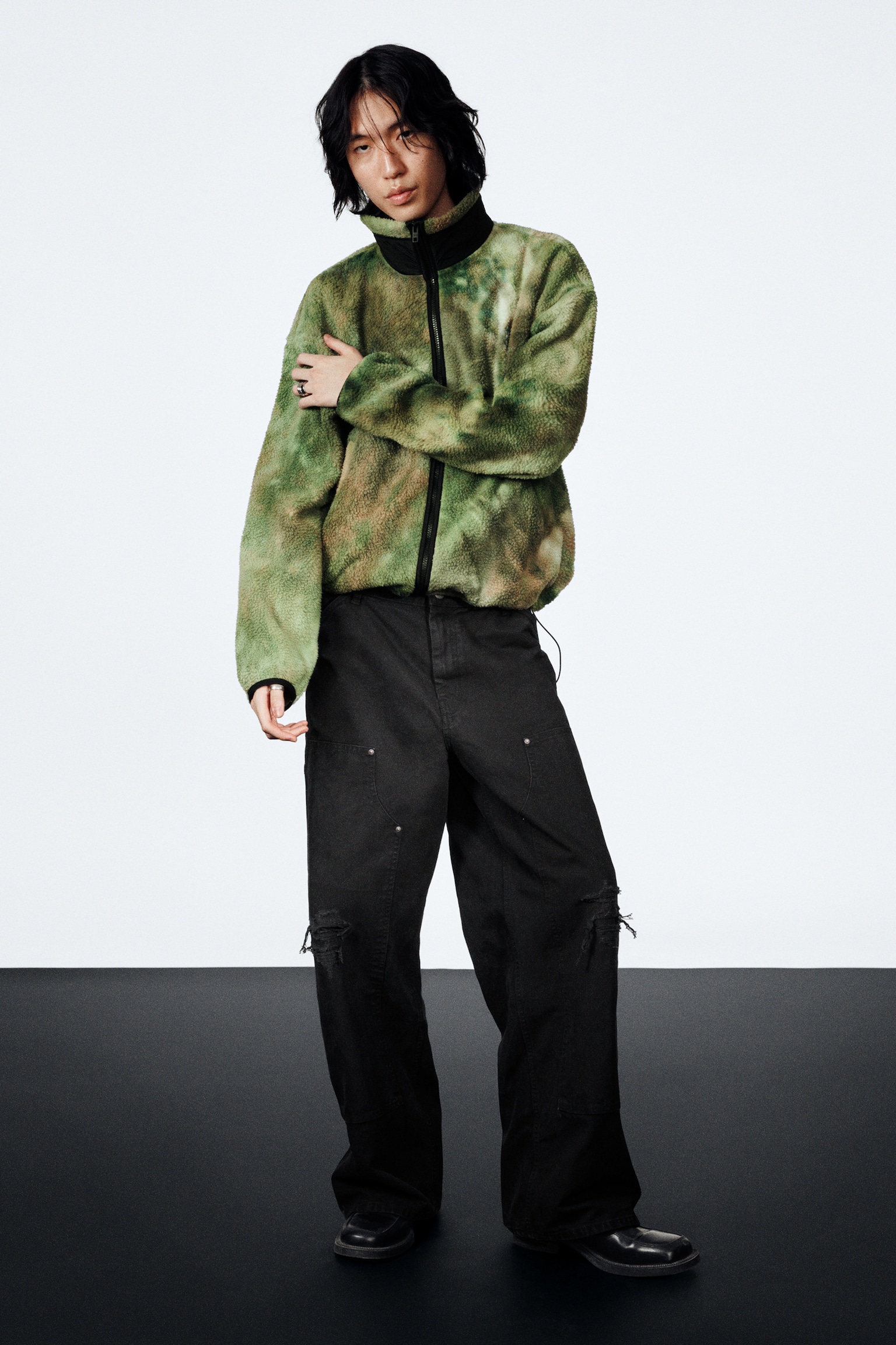 Low Rise Loose Fit Workwear Trousers - Black/Washed Green