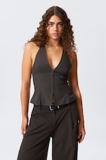 Dark Grey - Tie-Back Hook-and-Eye Halterneck Top - 0