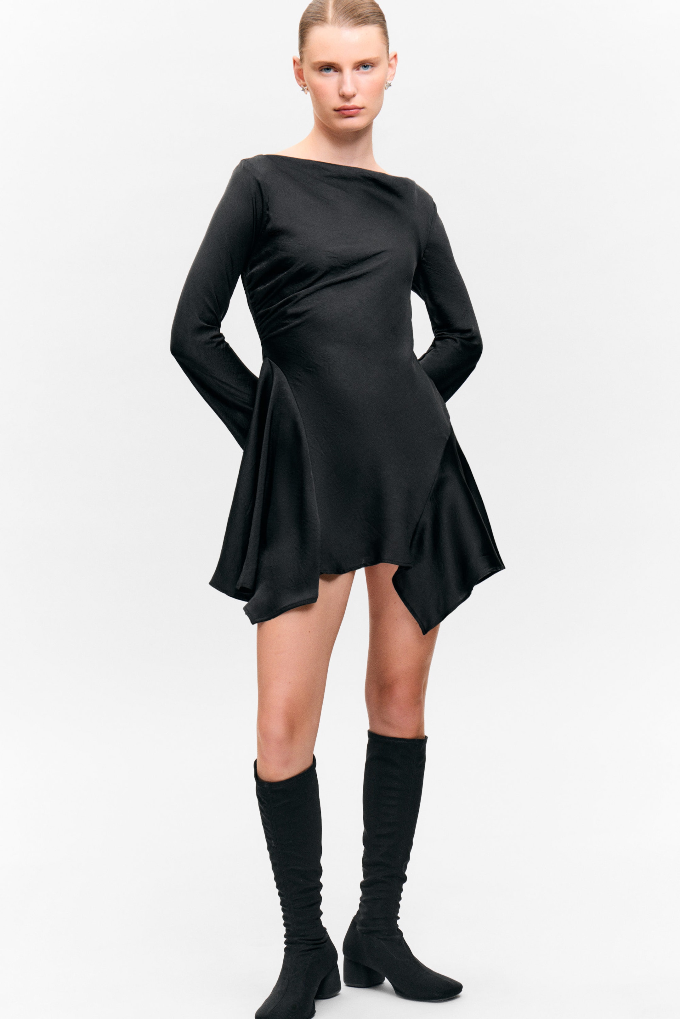 Black - Long-Sleeved Asymmetric Satin Mini Dress - 2