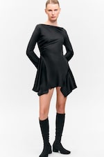 Black - Long-Sleeved Asymmetric Satin Mini Dress - 1