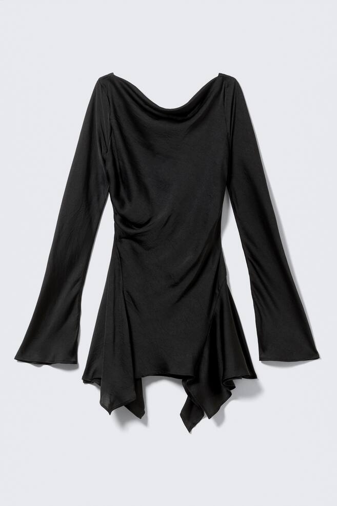 Long-Sleeved Asymmetric Satin Mini Dress - Black - 1