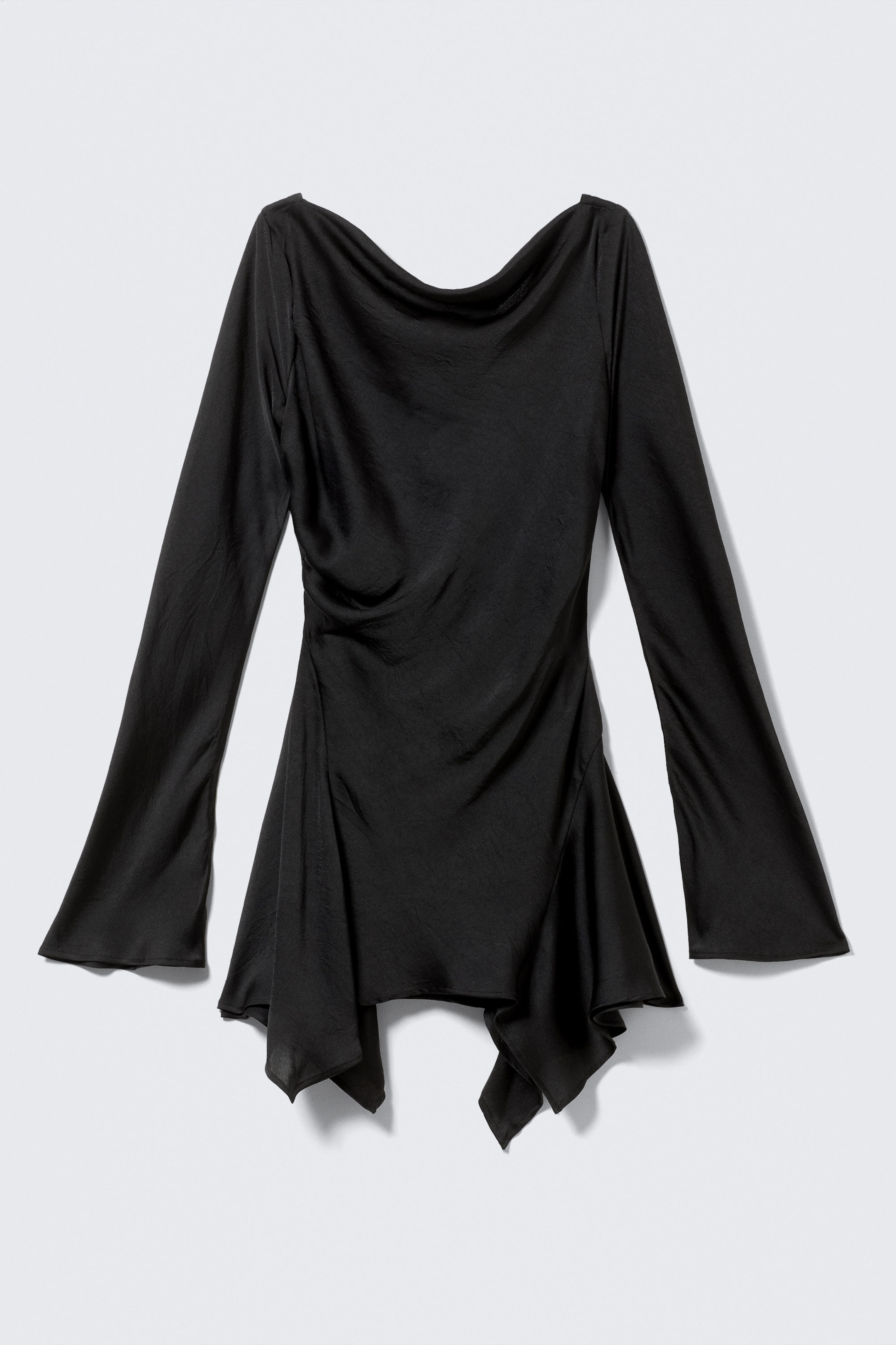 Black - Long-Sleeved Asymmetric Satin Mini Dress - 4