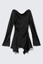 Black - Long-Sleeved Asymmetric Satin Mini Dress - 4