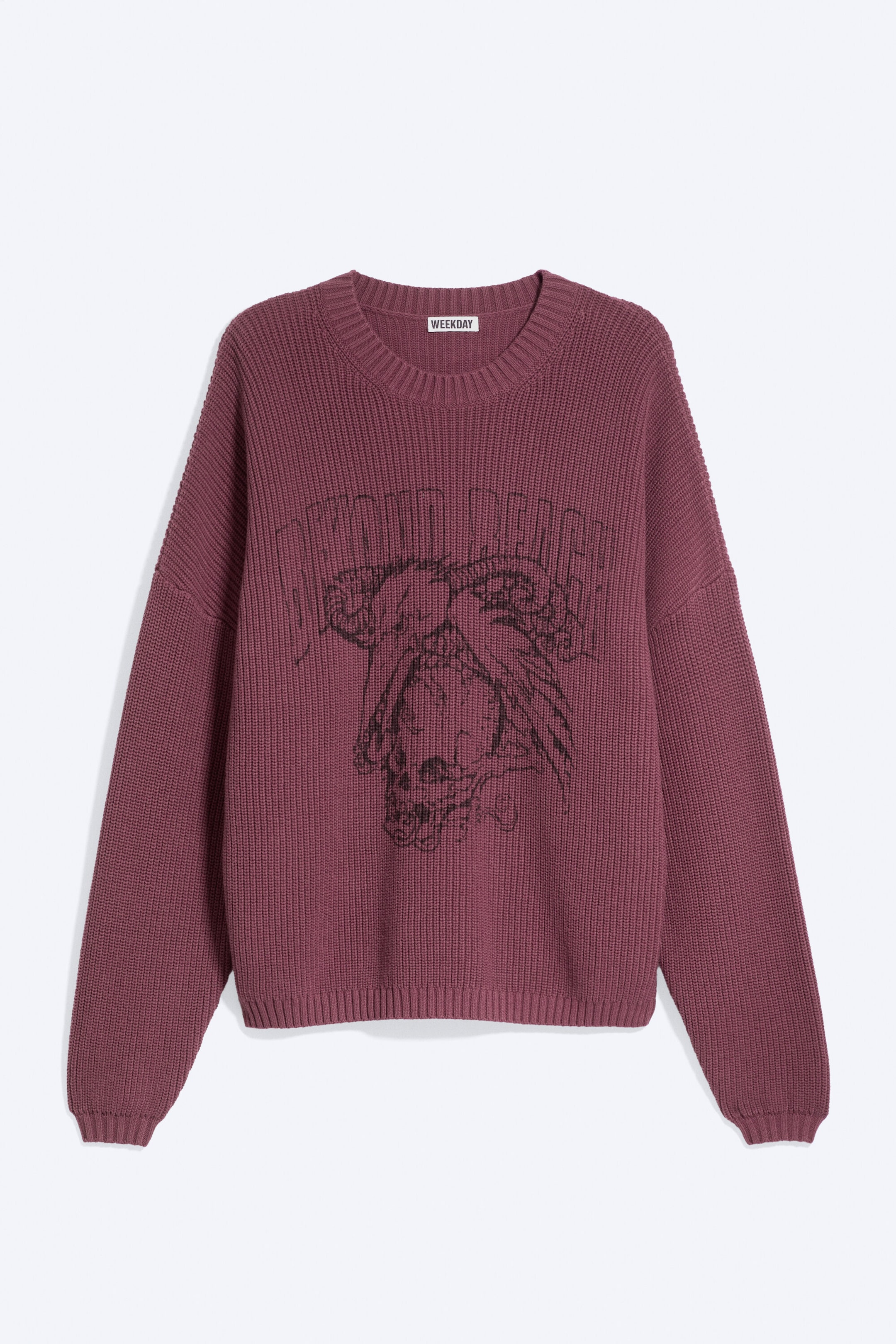Burgundy - Oversized Graphic Knitted Cotton Sweater - 4